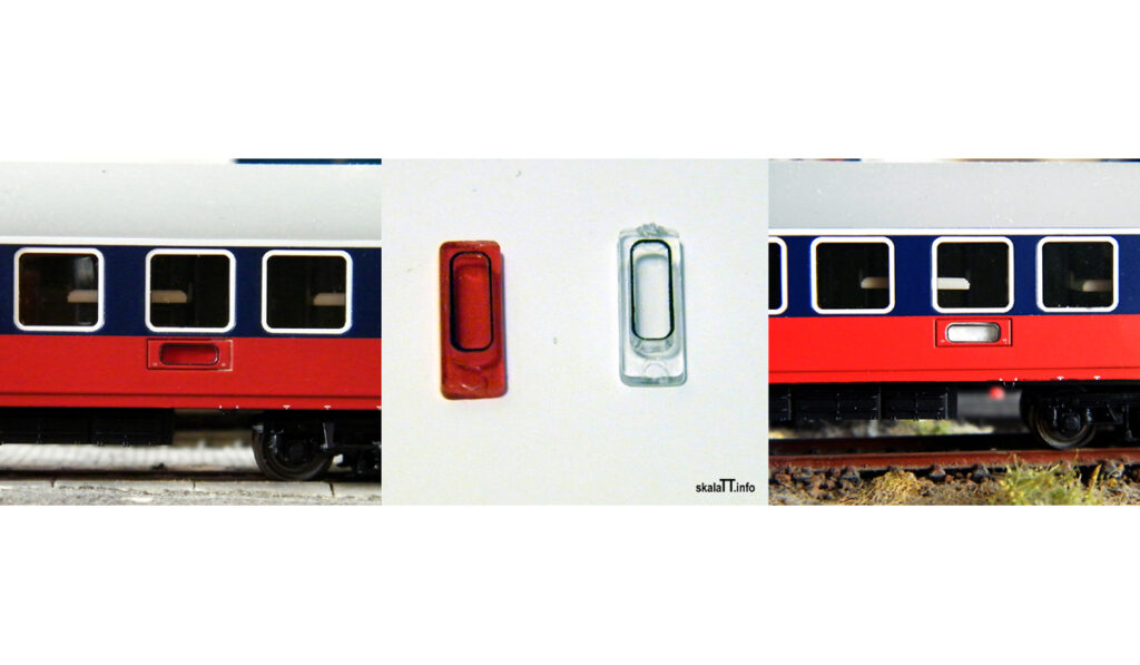 Dwie wersje kasety na tablicę kierunkową w modelu wagonu serii WLABmee wykonanego przez L.S. Models